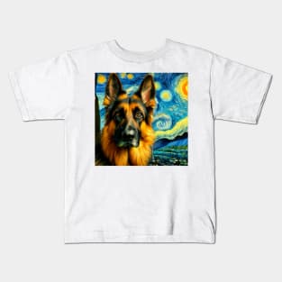 German Shepherd’s Starry Night - Alsatian in Vincent Van Gogh Style Kids T-Shirt